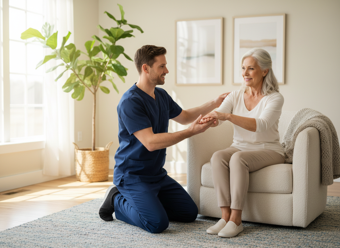 A male physical therapist in his mid-30s wearing navy blue scrubs, kneeling beside an older adult patient seated in a comfortable armchair in a bright, warmly lit home living room. The therapist is calmly guiding the patient through a gentle arm or shoulder exercise. Natural light coming through a nearby window. Clean, modern, realistic photo style. Warm and professional tone.
