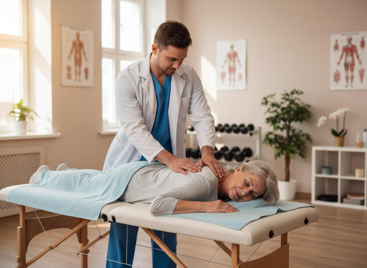 A male physical therapist treating an elderly woman lying on a treatment table. The therapist stands beside the table performing hands-on manual therapy on her shoulder or back. Professional clinical setting, warm and inviting lighting, realistic photographic style.