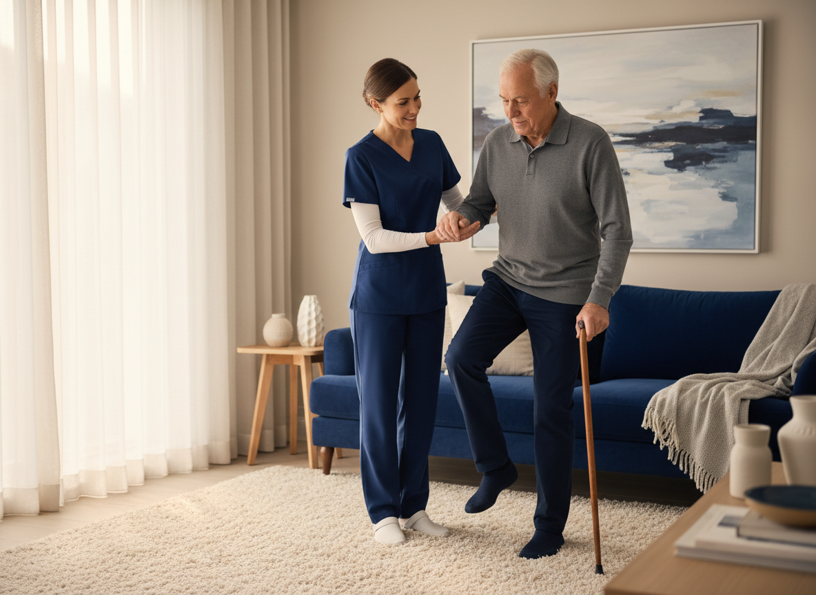 A physical therapist gently assisting an older adult with a mobility exercise in a sunlit living room