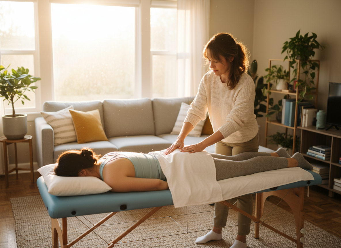 A warm, photorealistic photo of a female physical therapist treating a female patient who is lying on a professional portable treatment table set up inside a bright, cozy home living room. The therapist is standing beside the table performing gentle hands-on manual therapy on the patient's lower back or pelvis area. The patient is comfortably lying on the table with a pillow under her head, partially draped with a white sheet. The living room is warm and inviting — a soft sofa in the background, throw pillows, houseplants, warm natural light streaming through large windows. Professional yet intimate home setting. Warm golden tones, high quality, photorealistic.
