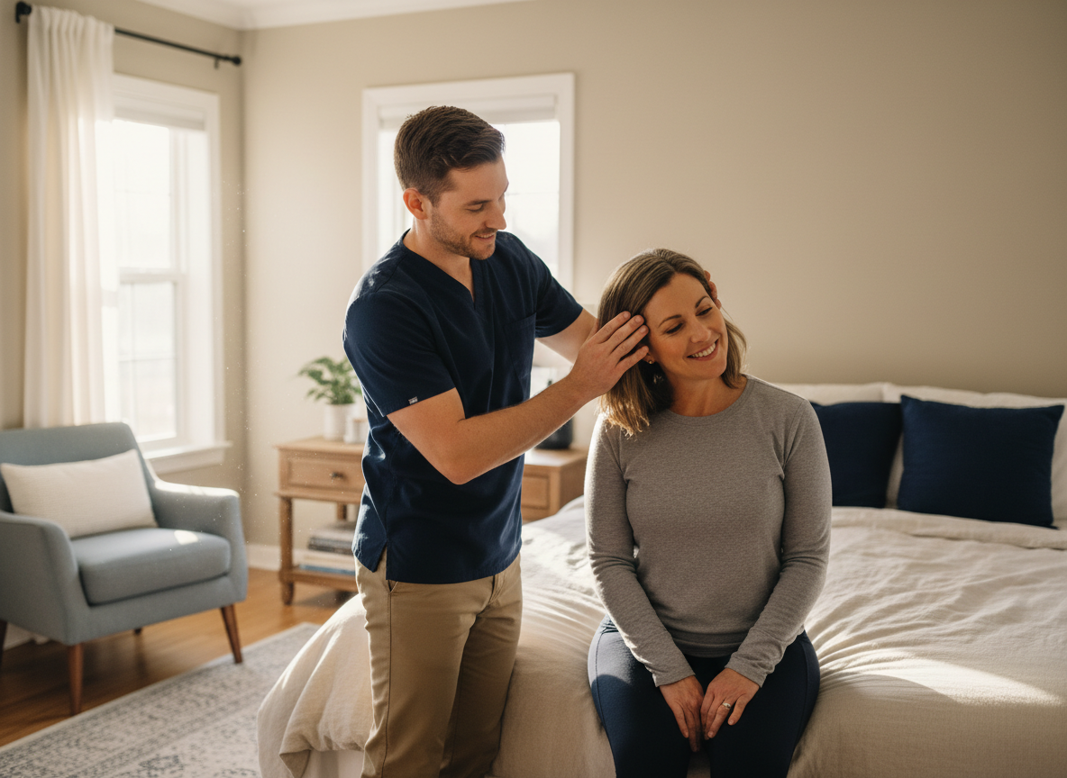 A photo-realistic, wide-format hero image of a compassionate male physical therapist performing vestibular therapy on a female patient in a bright, welcoming home setting. The male therapist is gently guiding the female patient through head repositioning exercises — the woman is seated on the edge of a bed, tilting her head to the side while the therapist carefully supports her with both hands. Soft natural window light streams in from the side. The room feels warm and lived-in. Navy blue and soft neutral tones. Cinematic, professional quality. Wide landscape format suitable for a full-width website hero banner.