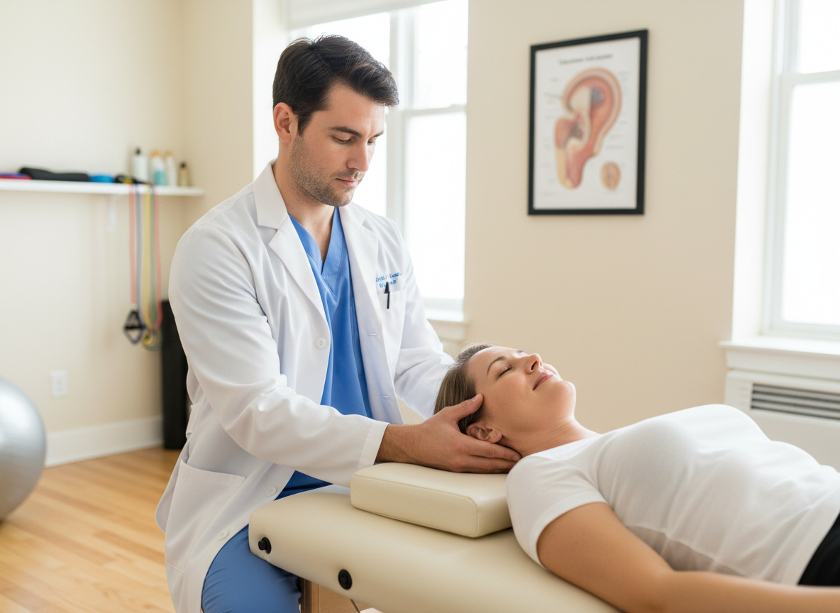 A professional male physical therapist performing vestibular therapy on a female patient lying on a treatment table in a clean, well-lit clinical setting. The therapist is guiding the patient's head position with gentle hands. The patient looks calm and comfortable. Warm, natural lighting, realistic medical setting.