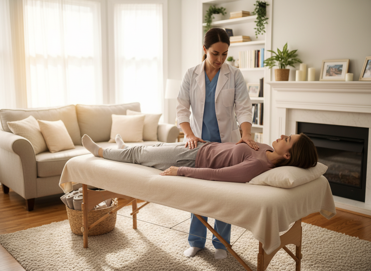 A female physical therapist working with a female patient lying on a treatment table set up in a bright, cozy living room home setting. The therapist is positioned at the patient's lower abdomen/pelvic area in a professional clinical manner suggesting pelvic floor physical therapy assessment or treatment. Both women are dressed professionally — therapist in scrubs, patient in comfortable clothing. Warm natural lighting, soft home decor in the background, tasteful and clinically appropriate. Realistic, photographic style.