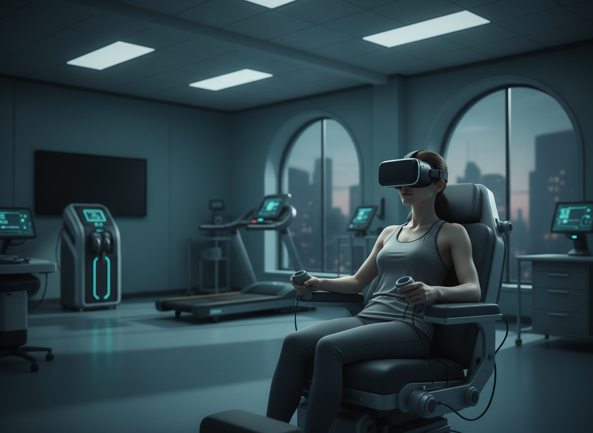 A patient wearing a virtual reality headset in a clinical/medical rehabilitation setting. The scene is professional and hopeful — soft medical lighting, clean environment. The patient appears calm and engaged. Wide cinematic landscape shot suitable for a hero banner background. Slightly dark/moody with teal and navy tones.